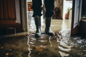 Midlands Restoration Services A person in boots standing in a flooded room, dealing with the aftermath of water damage.
