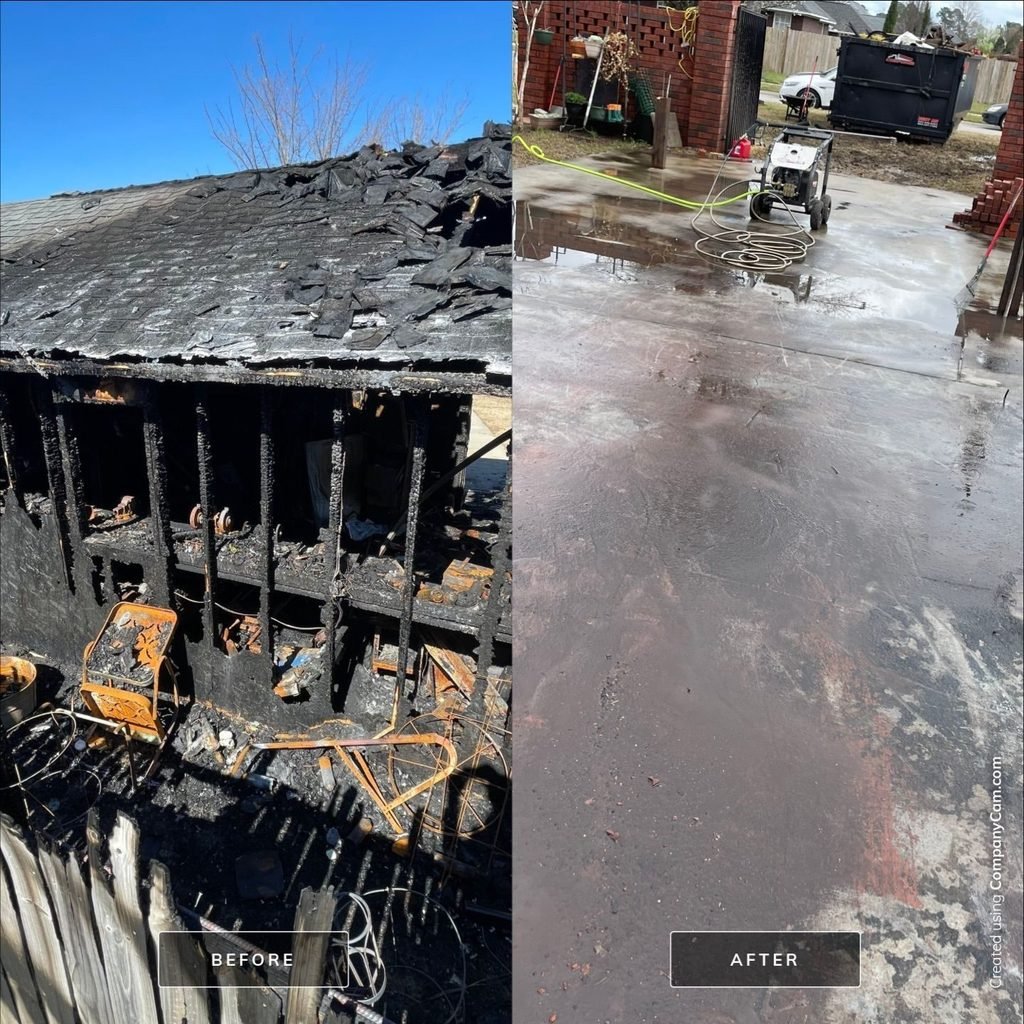 Before and after: lithium battery shed fire cleared to a clean slab in Sumter, SC
